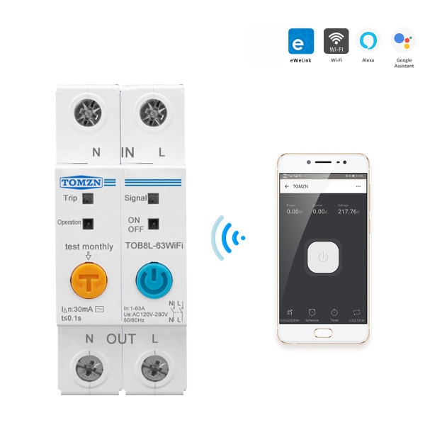 2-х полюсный WiFi выключатель с защитой утечки тока (УЗО) и мощности с напряжением на DIN рейку 220В до 63А приложение Ewelink (среда Sonoff) от TOMZN