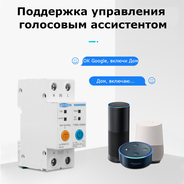 2-х полюсный WiFi выключатель с защитой утечки тока (УЗО) на DIN рейку 220В до 63А Ewelink (среда Sonoff) от TOMZN