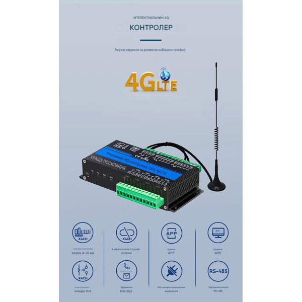 4-канальный 4G GSM контроллер GP4-WLTE (аналоговые входы 4-20мА, сухой контакт) от WLTE