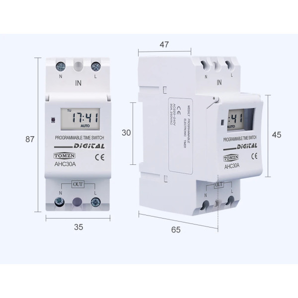 Програмований цифровий таймер реле часу на DIN рейку з тижневим програмуванням AC 220 до 30 Ампер від TOMZN за 315грн (код товару: AHC30A-220 )