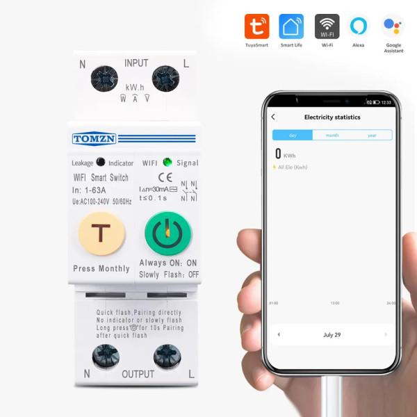 2-х полюсный WiFi выключатель с защитой утечки тока (УЗО) и мощности с напряжением на DIN рейку 220В до 63А Tuya (SmartLife) от TOMZN