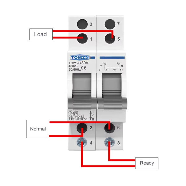 Ручной перекидной переключатель(рубильник) резерва на 1 фазу 2 полюса 220/230 Вольт до 80 Ампер на 3 положения (тип автомата) от TOMZN