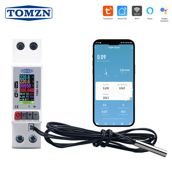 Интелектуальный WiFi выключатель TOMZN TOB9-50LW 1P+N, 12-в-1, 63А, защита от перенапряжения/перегрева, с датчиком температуры от TOMZN