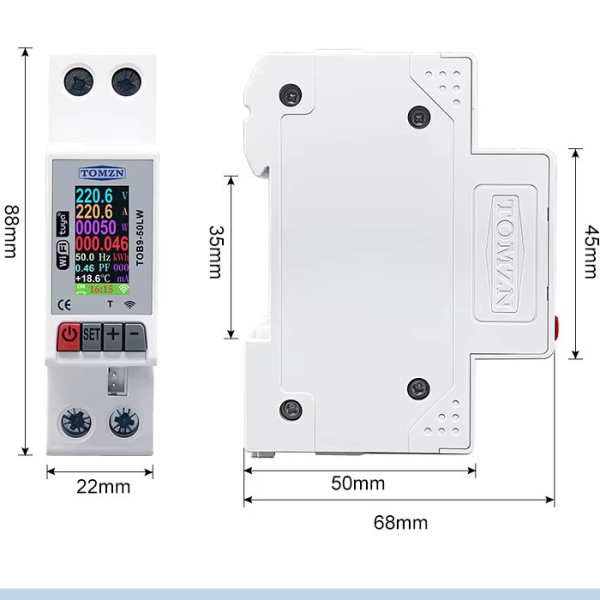 Интелектуальный WiFi выключатель TOMZN TOB9-50LW 1P+N, 12-в-1, 63А, защита от перенапряжения/перегрева, с датчиком температуры от TOMZN
