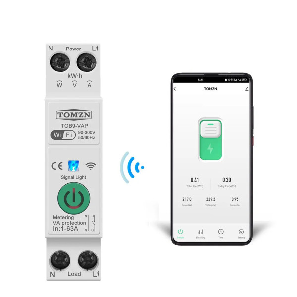 Wi-Fi вимикач з мониторингом напруги-струму та захистом від перенапруги, великого струму та потужності на Din рейку, 220В до 63А Tuya або SmartLife від TOMZN за 665грн (код товару: TOB9-VAP )