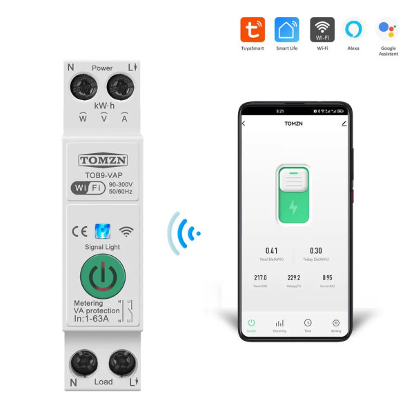 Wi-Fi вимикач з мониторингом напруги-струму та захистом від перенапруги, великого струму та потужності на Din рейку, 220В до 63А Tuya або SmartLife від TOMZN за 665грн (код товару: TOB9-VAP )