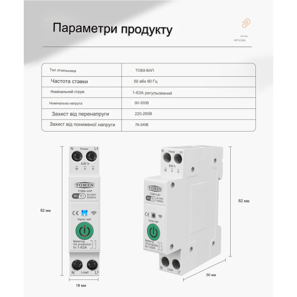 Wi-Fi выключатель с мониторингом напряжения-тока и защитой от перенапряжения, большого тока и мощности на Din рейке, 220В до 63А Tuya или SmartLife от TOMZN