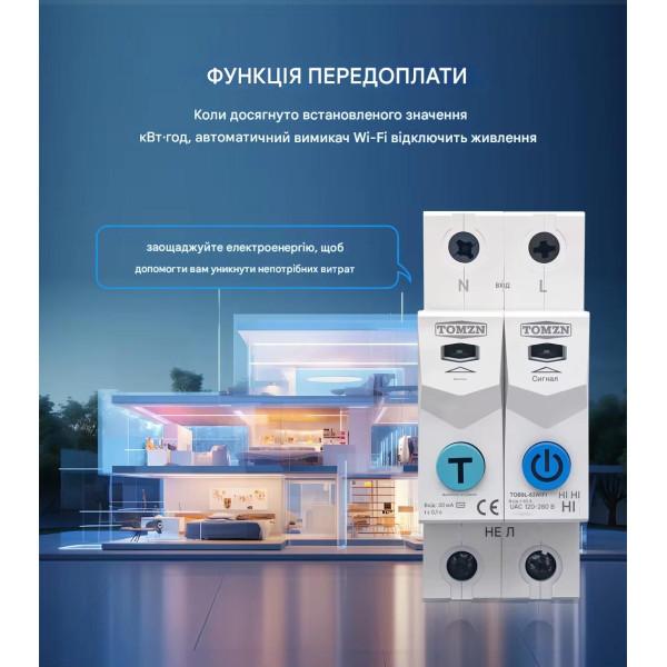 2-полюсний Wi-Fi вимикач з захистом витоків струму ПЗВ (УЗО) та потужності й напруги на Din рейку, 220В до 63А Tuya (SmartLife) від TOMZN за 835грн (код товару: TOB9L-63WIFI )