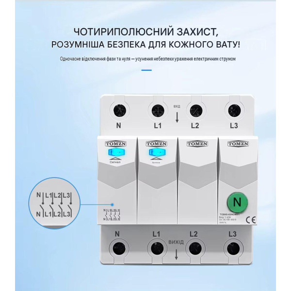 Дистанційне WiFi реле відключення 4P 3*220/230V 63A 50/60Гц на DIN-рейку нейтраль комутована TUYA (SmartLife) від TOMZN за 1495грн (код товару: TOB9S-63NCWIFI )