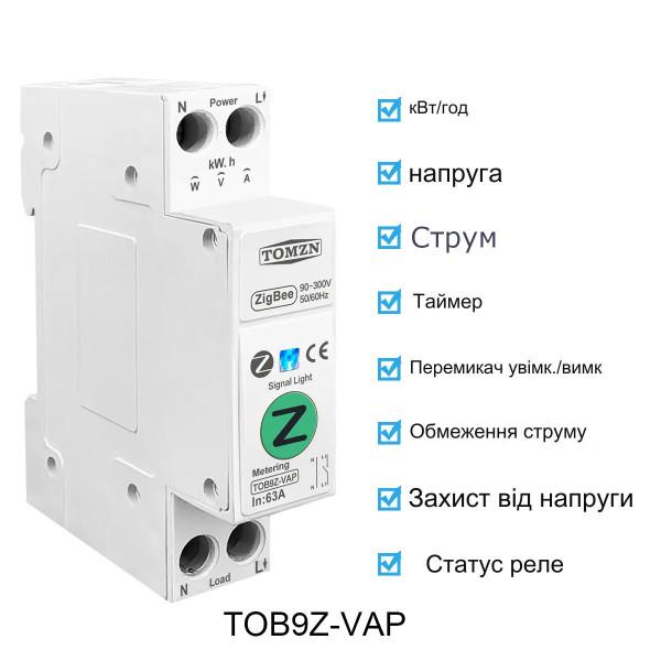 1-фазный Zigbee выключатель-реле с функциями защиты перенапряжения высокого тока мощности с мониторингами (счетчик) на DIN рейку 220В до 63A для Tuya или Smart Life от TOMZN