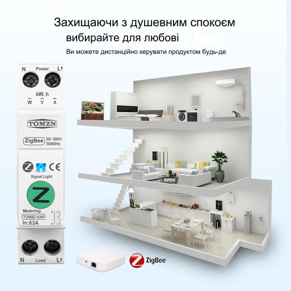 1-фазный Zigbee выключатель-реле с функциями защиты перенапряжения высокого тока мощности с мониторингами (счетчик) на DIN рейку 220В до 63A для Tuya или Smart Life от TOMZN