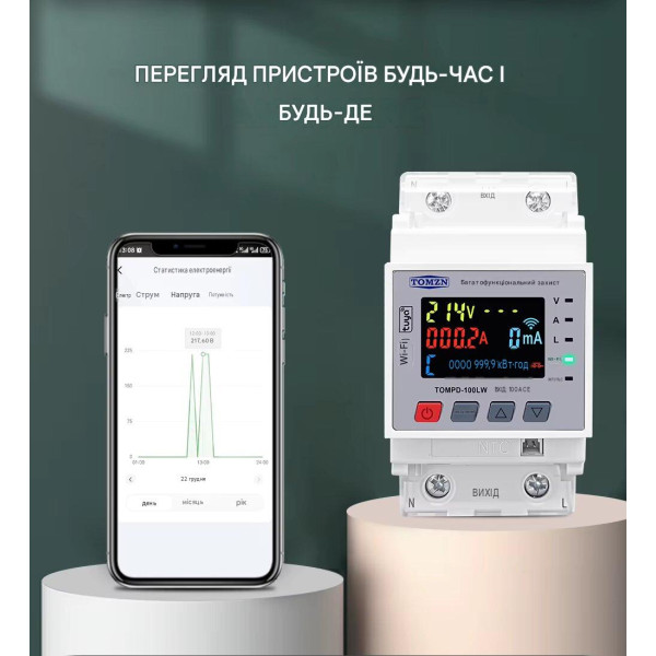 Реле защиты от перенапряжений/токов с ваттметром и WiFi на 220/230 Вольт 100 А с измерением температуры NTC приложение Tuya (Smart Life) от TOMZN