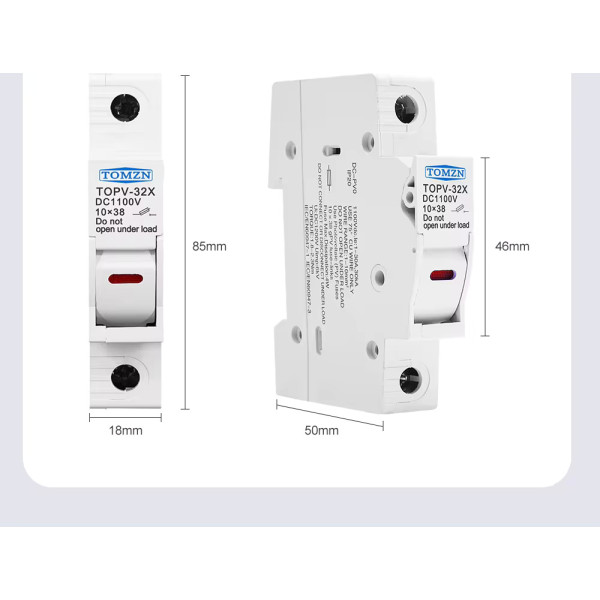 Тримач сонячних фотоелектричних плавких запобіжників постійного струмуму до 32 Ампер DC до 1000V PV 10x38 мм 1 полюс з світлодіодним підсвічуванням від TOMZN за 150грн (код товару: TOPV-32-1PX )