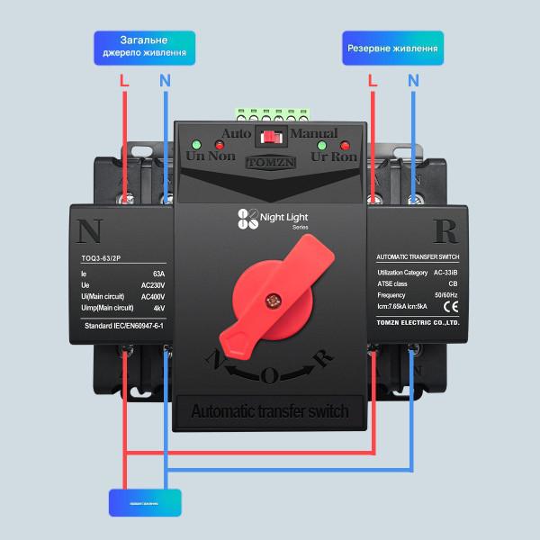 1-но фазный 2-х полюсный Автомат переключатель ввода резерва АВР 63А 230В на 2 нагрузки от TOMZN