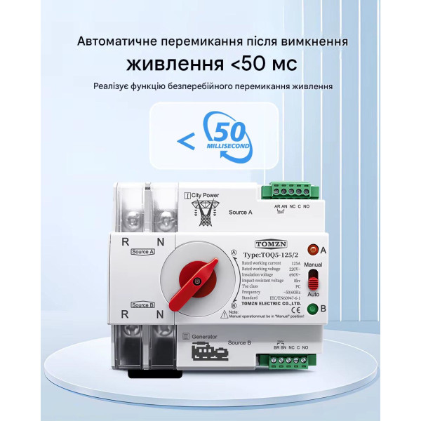 TOQ5-125/2P 220/230В 2-х полюсный автомат-переключатель ввода резерва АВР ATS до 125А Tomzn от TOMZN TOQ5-125/2P 220/230В 2-х полюсный автомат-переключатель ввода резерва АВР ATS до 125А Tomzn от TOMZN