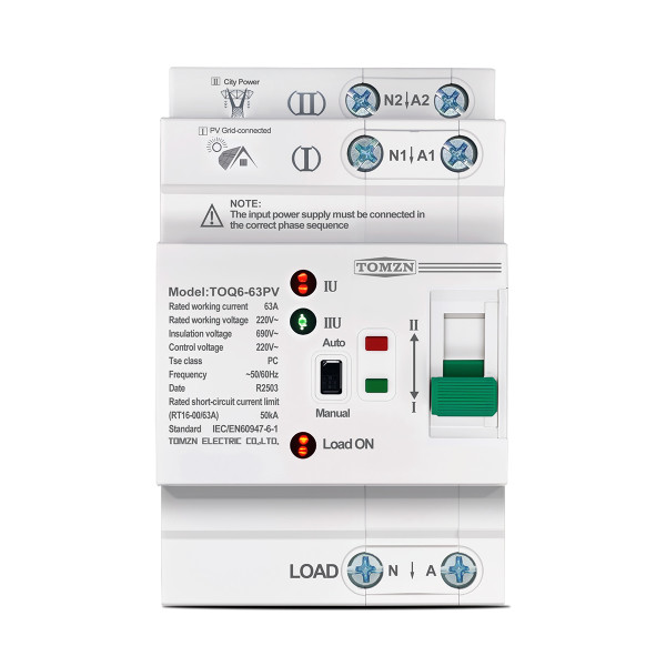 TOQ6-63PV/2P 220/230В 2-х полюсный автомат-переключатель ввода резерва для инвертора солнечных панелей от TOMZN