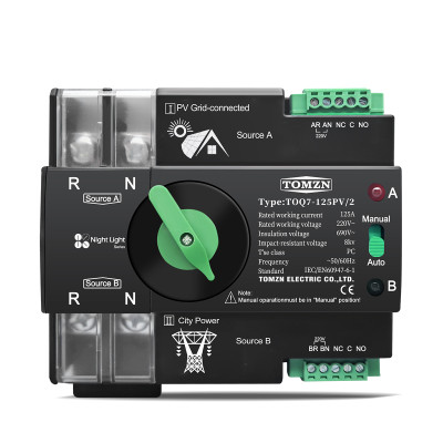 TOQ7-125PV/2P 220/230В 2-х полюсный автомат-переключатель ввода резерва для инвертора солнечных панелей TOQ7-125PV/2P 220/230В 2-х полюсный автомат-переключатель ввода резерва для инвертора солнечных панелей