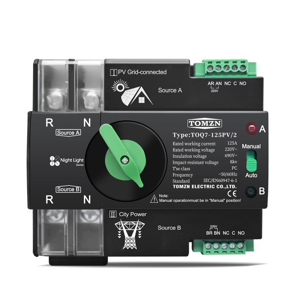 TOQ7-125PV/2P 220/230В 2-х полюсный автомат-переключатель ввода резерва для инвертора солнечных панелей от TOMZN