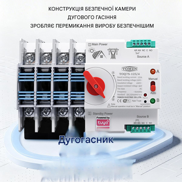 Умный Автоматический переключатель резервного питания для генератора АВР TOQ7s WIFI 4P 125A Tuya (Smart Life) от TOMZN