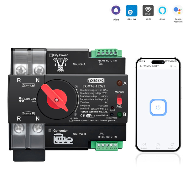 Умный Автоматический переключатель резервного питания для генератора АВР TOQ7e WIFI 2P 125A eWeLink (среда Sonoff) от TOMZN