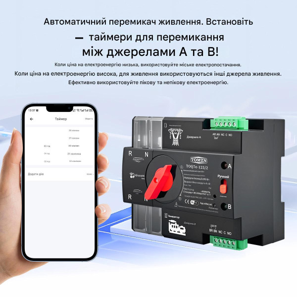 Умный Автоматический переключатель резервного питания для генератора АВР TOQ7e WIFI 2P 125A eWeLink (среда Sonoff) от TOMZN