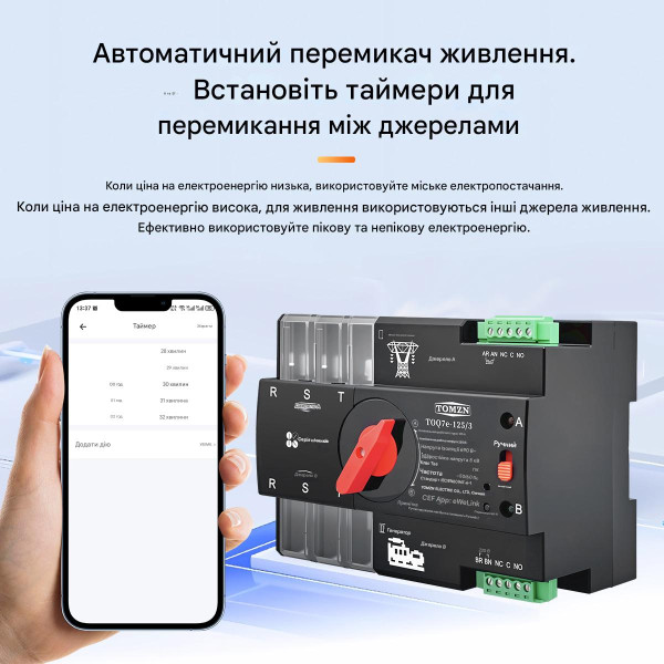 Умный Автоматический переключатель резервного питания для генератора АВР TOQ7e WIFI 3P 125A eWeLink (среда Sonoff) от TOMZN Умный Автоматический переключатель резервного питания для генератора АВР TOQ7e WIFI 3P 125A eWeLink (среда Sonoff) от TOMZN