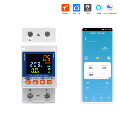 Wi-Fi счетчик энергии с экраном TOVA-63T (63A) Tuya Smart и защитой от утечки тока
