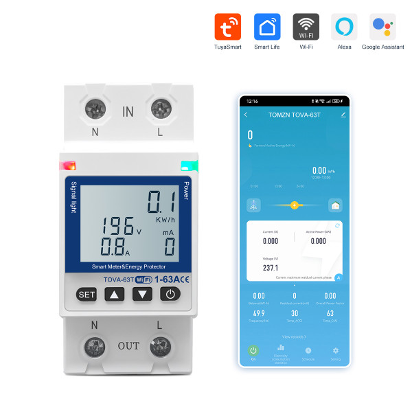 Wi-Fi счетчик энергии с экраном TOVA-63T (63A) Tuya Smart и защитой от утечки тока от TOMZN