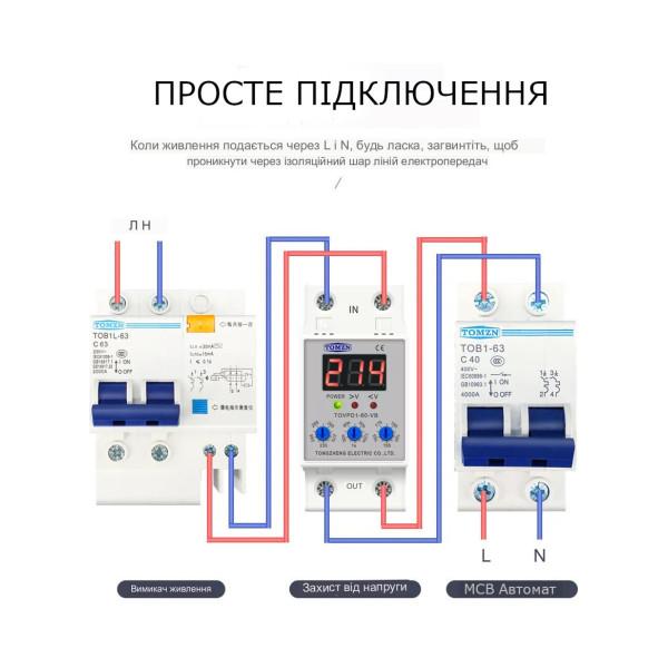 Пристрій захисту від перенапруги на DIN рейку 220В до 63А з LED дісплеєм та швидким ручним регулючванням від TOMZN за 475грн (код товару: TOV40(60)VB )