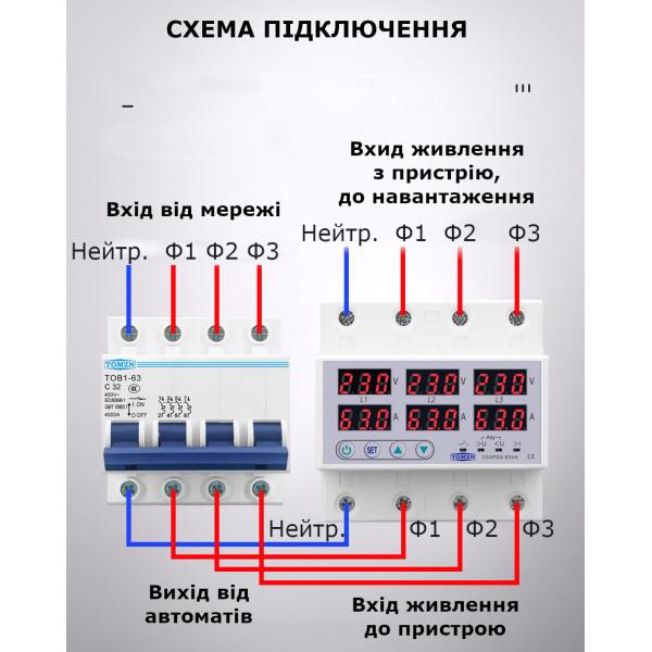 3-х фазное 4-х полюсное устройство защиты от перенапряжения на DIN рейку 220В до 63А или 100А с LED дисплеем, синхронный от TOMZN