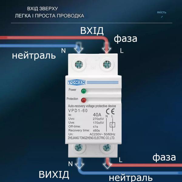 1-но фазное (2-х полюсное) реле защиты от перенапружений с питанием 220/230 вольт до 60 Ампер с самовосстановлением от TOMZN