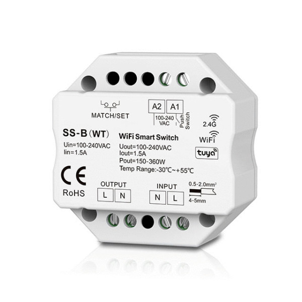 Дистанційний Радіо вимикач на 100-240 Вольт AC 1 канал 1.5A Wi-Fi та RF Push Switch SS-B(WT) (додаток Tuya або Smart Life) від SKYDANCE за 645грн (код товару: SS-B(WT) )