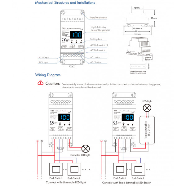 Диммер TR1 с регулировкой яркости освещения с LED дисплеем и дистанционным управлением на 220 вольт под DIN рейку от SKYDANCE