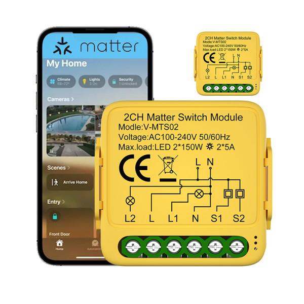 Двухканальный Matter выключатель с поддержкой настенных проходных механических выключателей от Qiachip