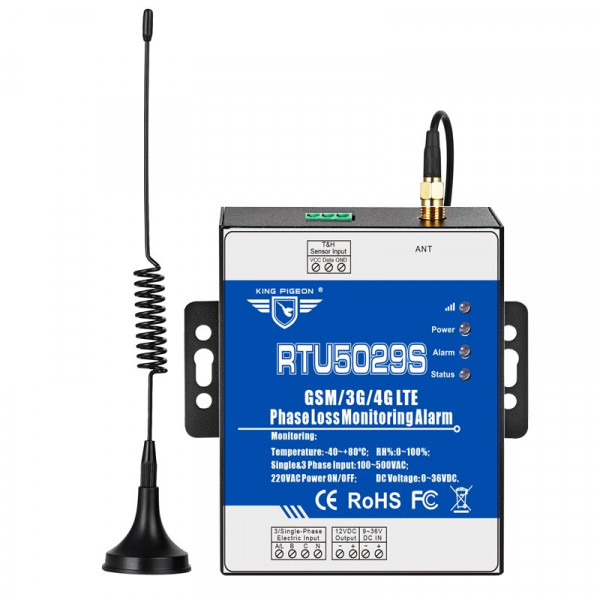 GSM контроллер питания на 1 или 3 фазы с датчиком измерения температуры и влажности RTU5029S с резервным аккумулятором и оповещением по SMS или вызовом от KING PIGEON