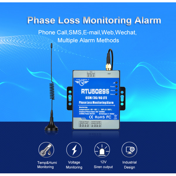 GSM контроллер питания на 1 или 3 фазы с датчиком измерения температуры и влажности RTU5029S с резервным аккумулятором и оповещением по SMS или вызовом от KING PIGEON