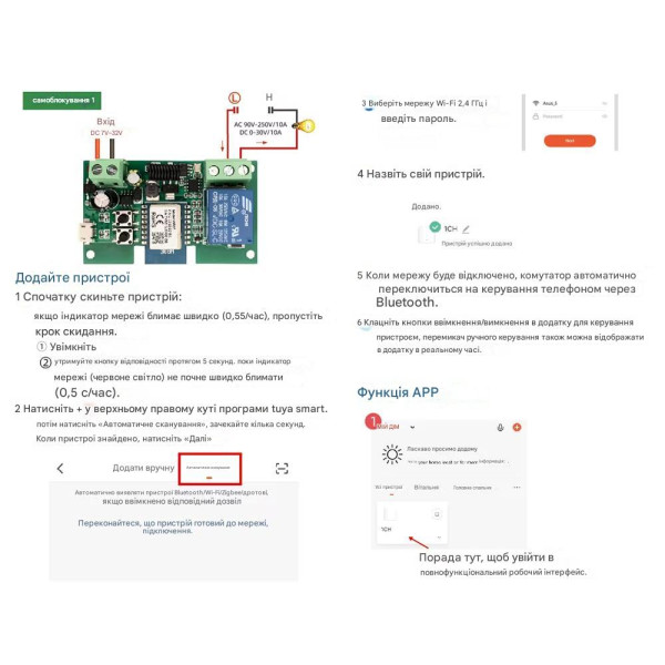 1-но канальний WIFI+Радіо 433 МГц вимикач-реле (сухий контакт) на 5/7-32 Вольти або 5/85 -265Вольти додаток Tuya або SmartLife від Qiachip за 295грн (код товару: 1SRT )