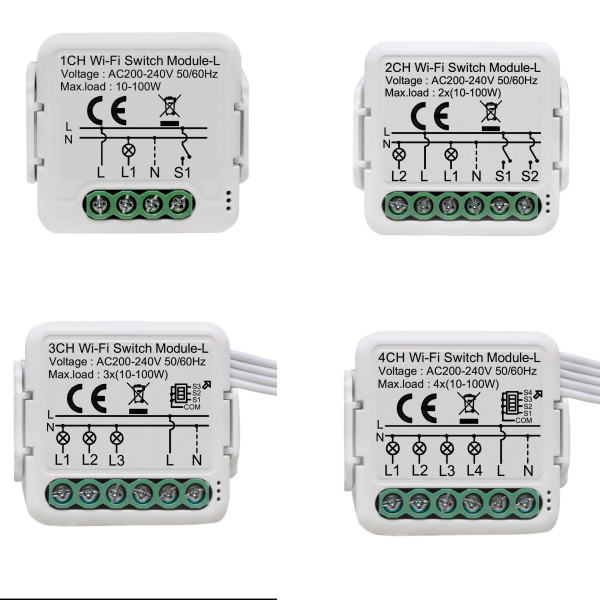 Мини WiFi выключатель-реле без нейтрали с локальным управлением от 1 до 4 каналов для Tuya (SmartLife) от Qiachip