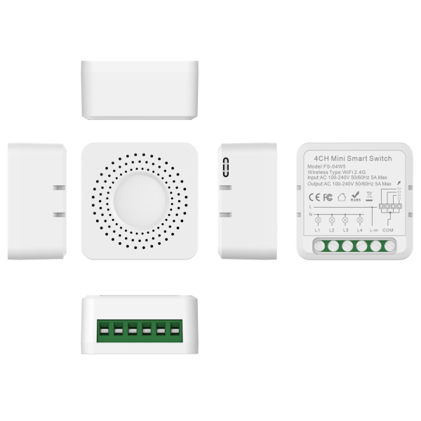 Четырехканальный мини WiFi выключатель-реле (на 4 нагрузки) с локальным управлением для Tuya (SmartLife) от Qiachip
