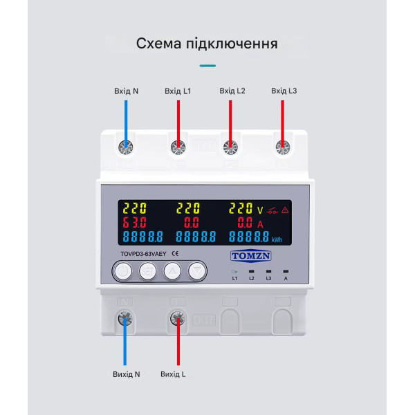 Автоматический переключатель фаз (автоматического выбора фаз) (63A) с функцией подписки, защитой от напряжения и тока (3P+N) от TOMZN